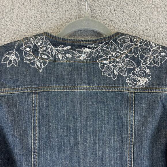 Chicos Silver Denim Jacket Medium Boho Artsy Embroidery Maximal Embellish Floral - Picture 10 of 11